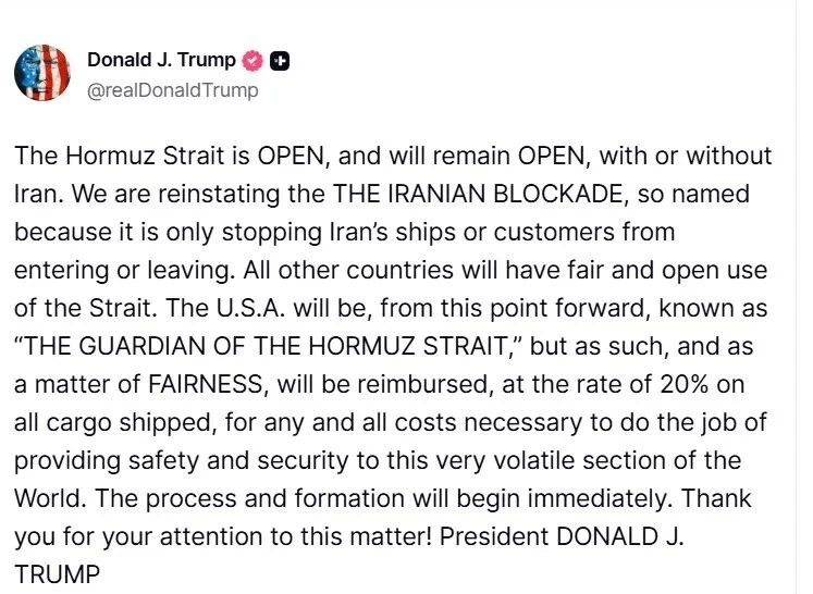 US President Trump announced and imposed a 20% fee on goods transported through the Strait of Hormuz. US President Trump announced and imposed a 20% fee on goods transported through the Strait of Hormuz.